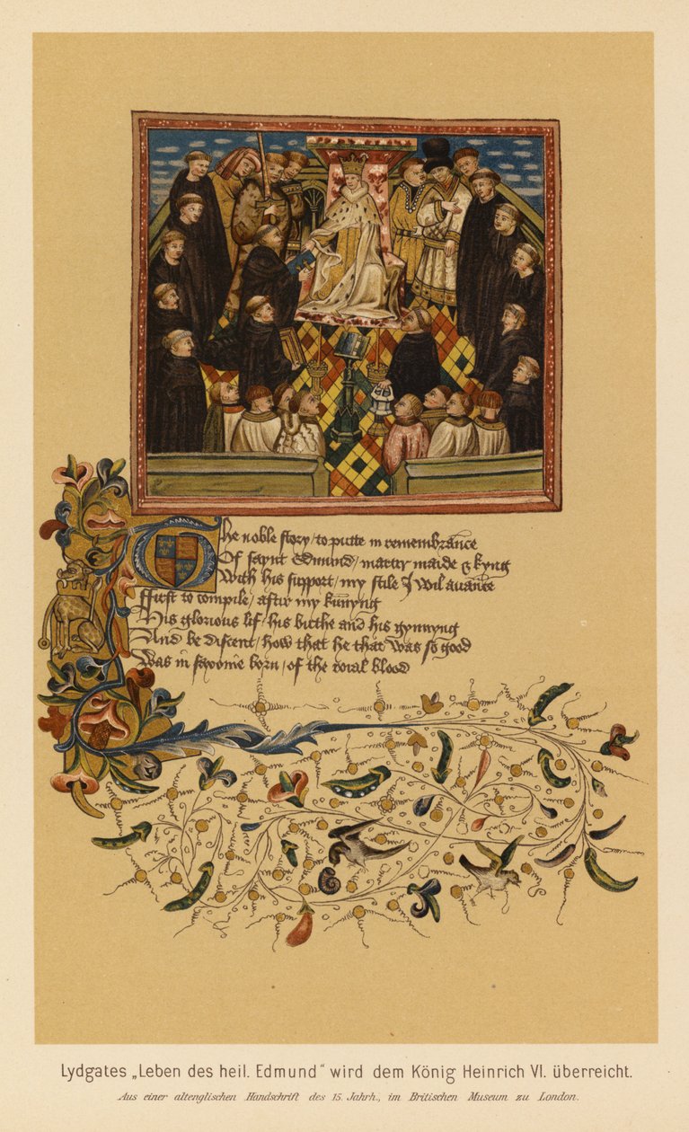 John Lydgate Szent Edmund király és mártír élete, amelyet VI. Henriknek ajándékozott (színes litográfia) alkotó: English School