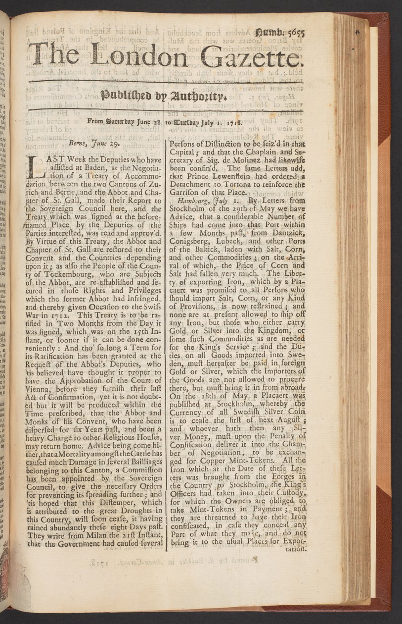 The London Gazette, 5655. szám, 1. oldal, 1718. június 28. (nyomtatott) alkotó: English School