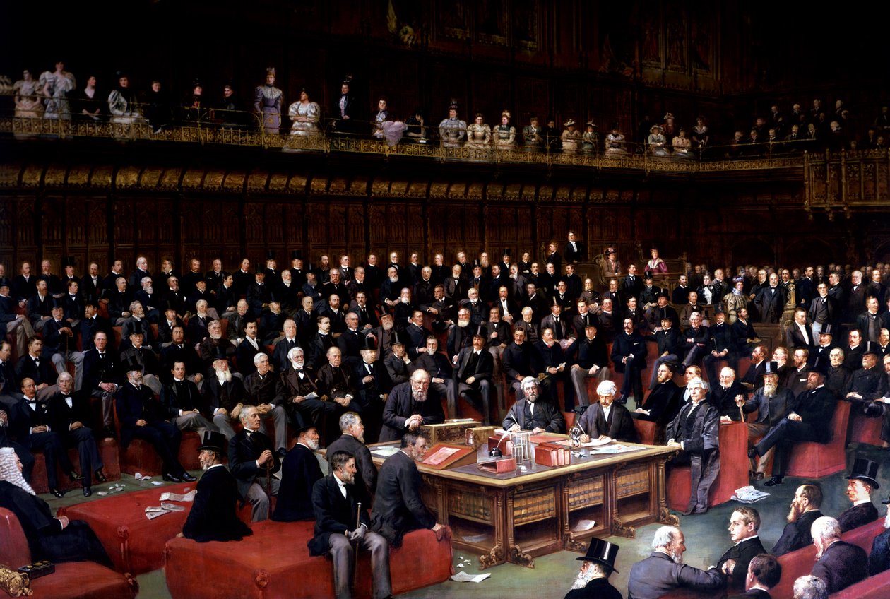 A Lord Chancellor, aki felteszi a kérdést a Home Rule-ról szóló vitában a Lordok Házában, 1893 alkotó: English School