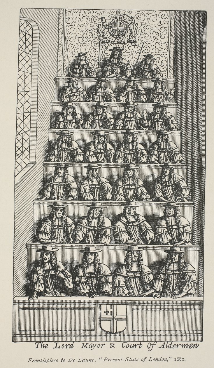 A Lord Mayor és az Aldermen udvara, a De Launes Angliae Metropolis homlokzata, 1681 alkotó: English School
