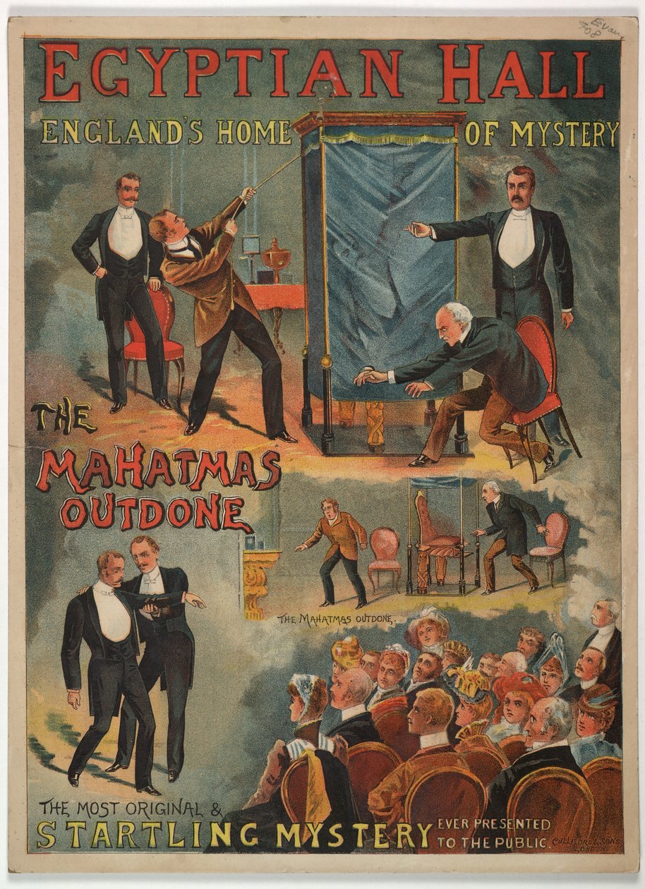 "The Mahatmas Outdone", Maskelyne és Cooke 1891-ben mutatta be az Egyptian Hallban (színes litó) alkotó: English School