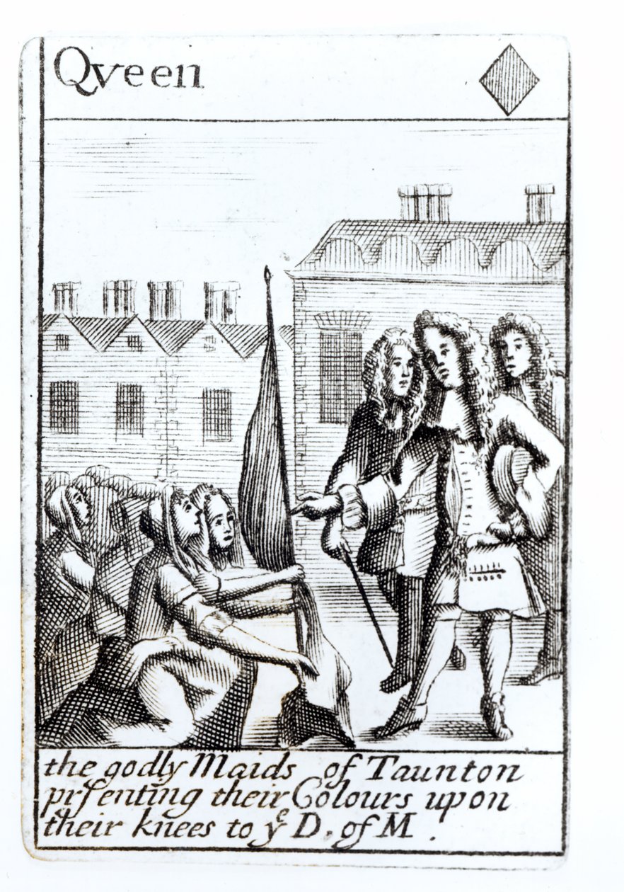 Taunton szobalányai Monmouth hercege előtt térdelve, 1685. június 18-án, a gyémántok királynője előtt, a Monmouths-lázadás emlékére készült játékkártya alkotó: English School