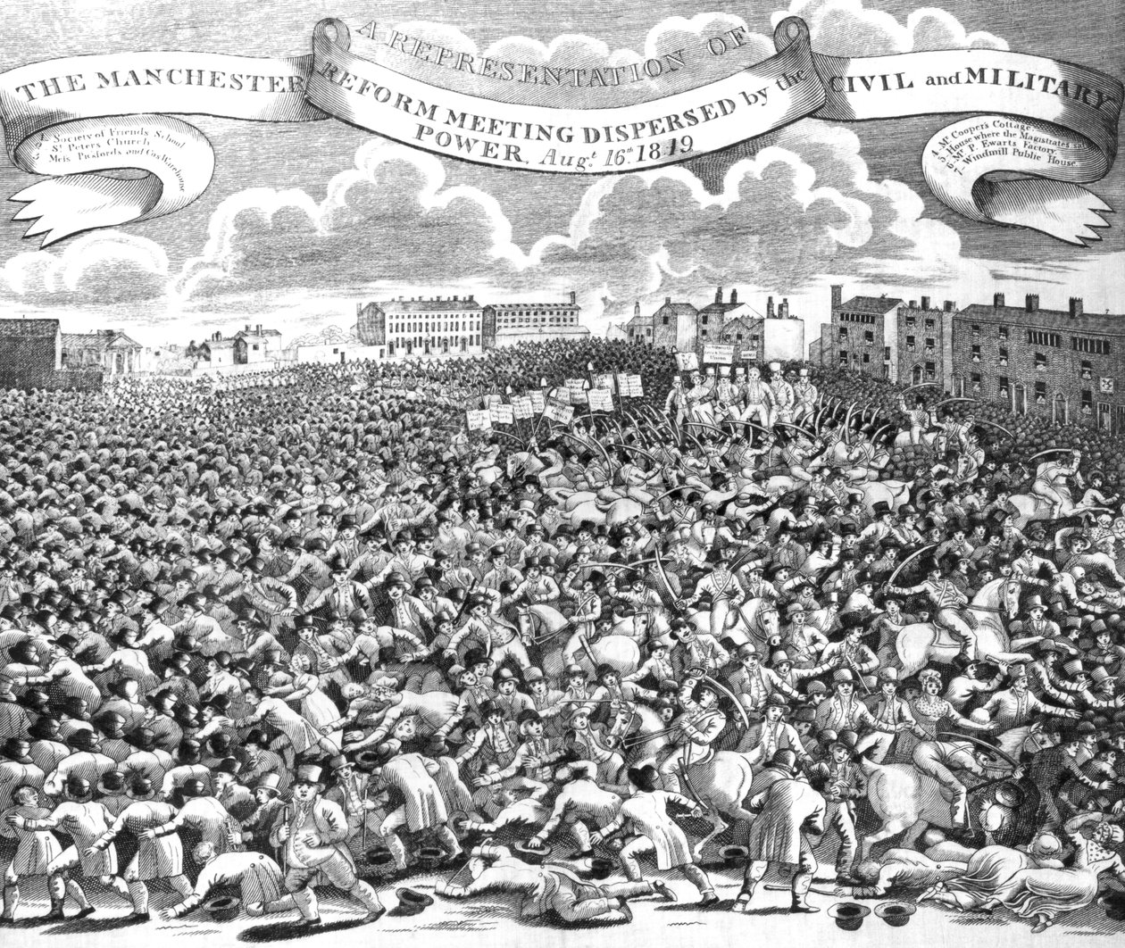 A polgári és katonai hatalom által szétszórt manchesteri reformtalálkozó, 1819. augusztus 16 alkotó: English School