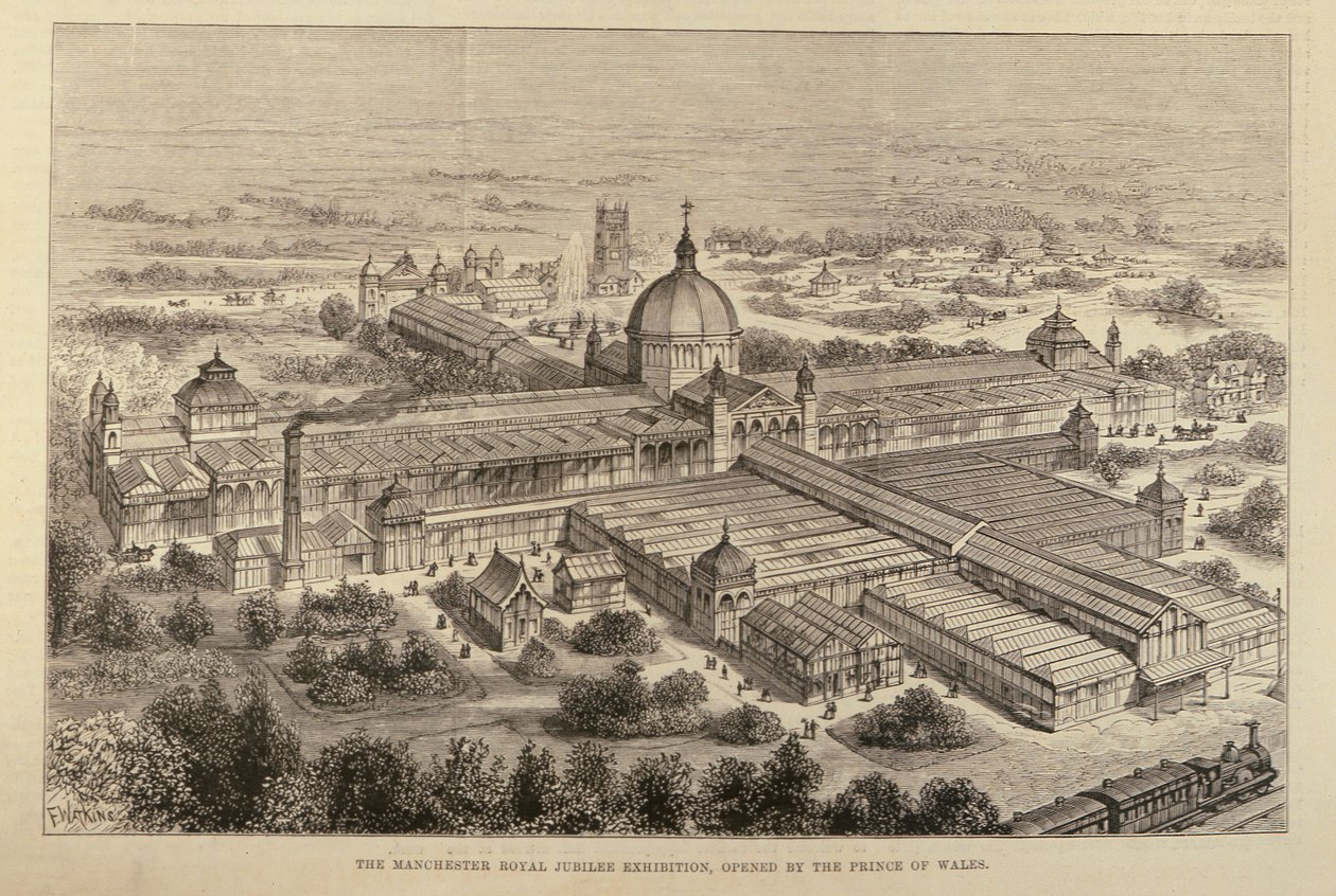 A Manchesteri Királyi Jubileumi Kiállítás, amelyet a walesi herceg nyitott meg, a The Illustrated London Newsból, 1887. május 7. alkotó: English School