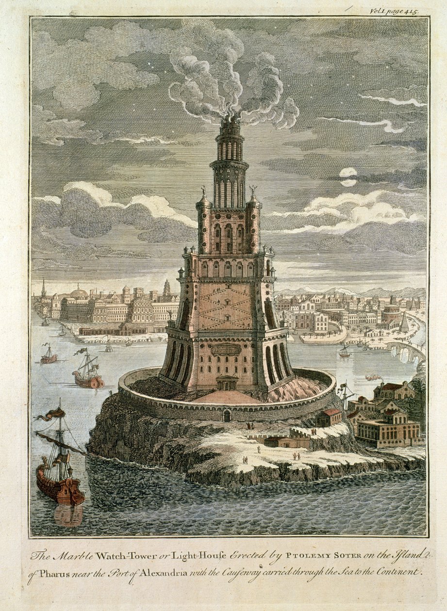 A márvány őrtorony vagy világítótorony, amelyet Ptolemaiosz Szoter emelt Pharosz szigetén, Alexandria kikötője közelében (színes nyomat) alkotó: English School