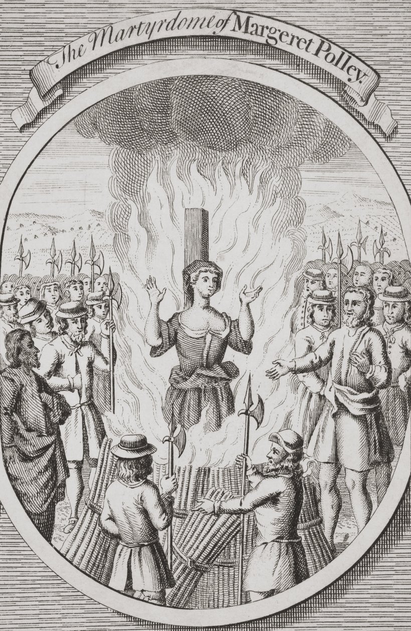 Margeret Polley mártírhalála Tunbridge-ben, a "The Burning of the Martyrs" című, 1741-ben kiadott könyvből (litográfia). alkotó: English School