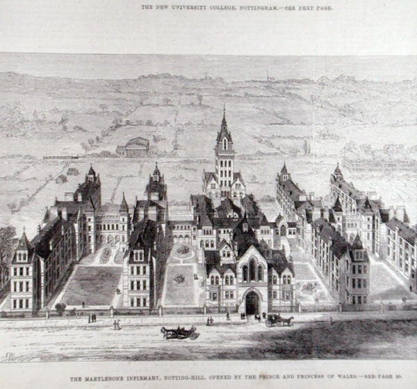 A Marylebone Infirmary, Notting Hill, melyet a walesi herceg és hercegnő nyitott meg, a The Illustrated London News 1881. február 7-i számából. alkotó: English School