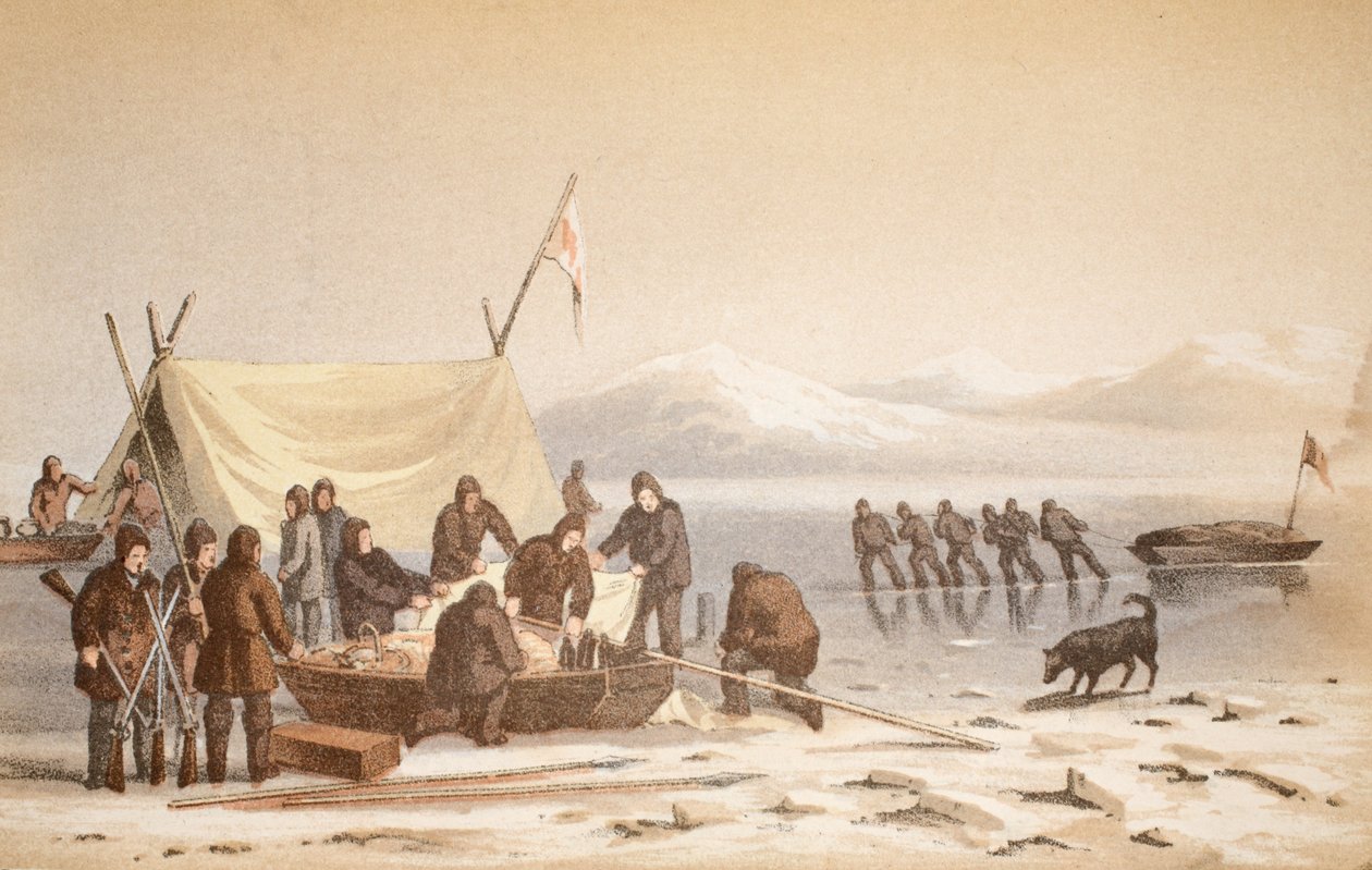 Találkozás a Wellington-csatornában, 1851. június 14., illusztráció az Utazás a Baffins-öbölbe és a Barrow-szorosba..., 1852-ből (kézzel színezett metszet) alkotó: English School