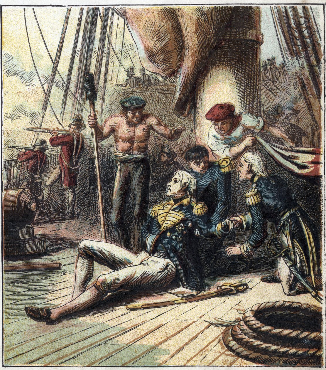 A napóleoni háború: a trafalgari csata, 1805.10.21-én a Villeneuve admirális vezette francia-spanyol flottával szembeszállt a Nelson admirális vezette brit flottával. Ott halt meg. – A trafalgari csata alkotó: English School