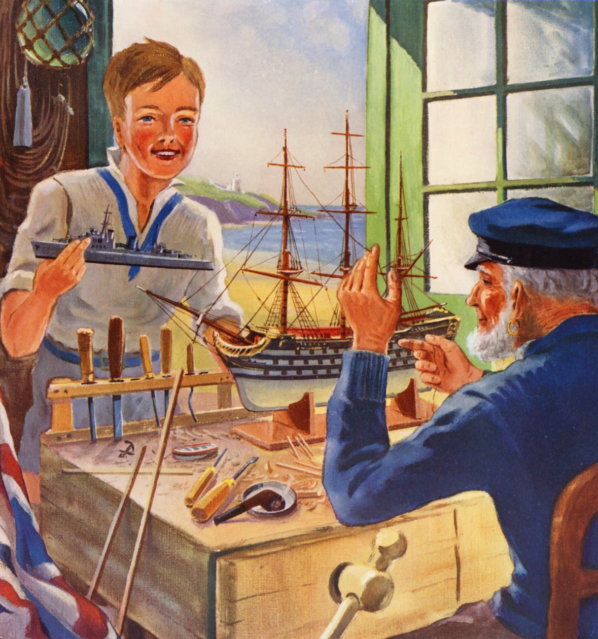 The Nelson Touch, régi és fiatal hajómodellezők (színes litográfia) alkotó: English School