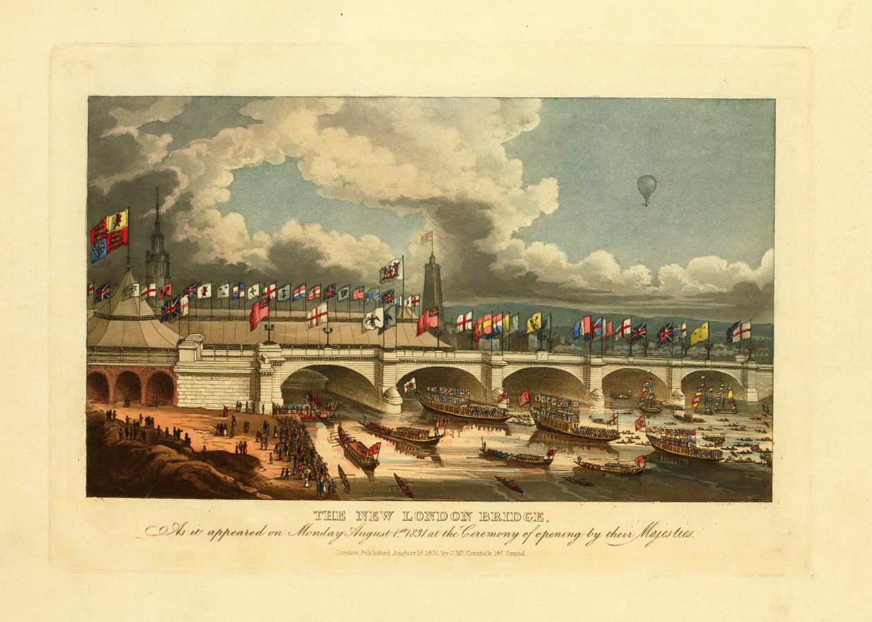 Az új londoni híd, ahogyan 1831. augusztus 1-jén, hétfőn megjelent a felségük által 1831-ben tartott megnyitó ünnepségen. alkotó: English School