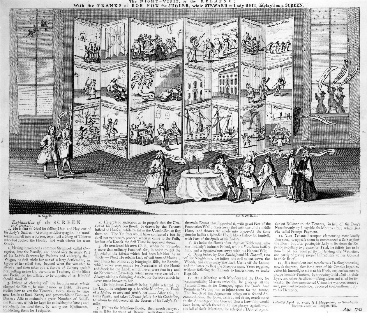 Az éjszakai látogatás vagy a visszaesés: Bob Fox, a zsonglőr csínyeivel, miközben Lady Britannia intézője, képernyőn, 1742 alkotó: English School