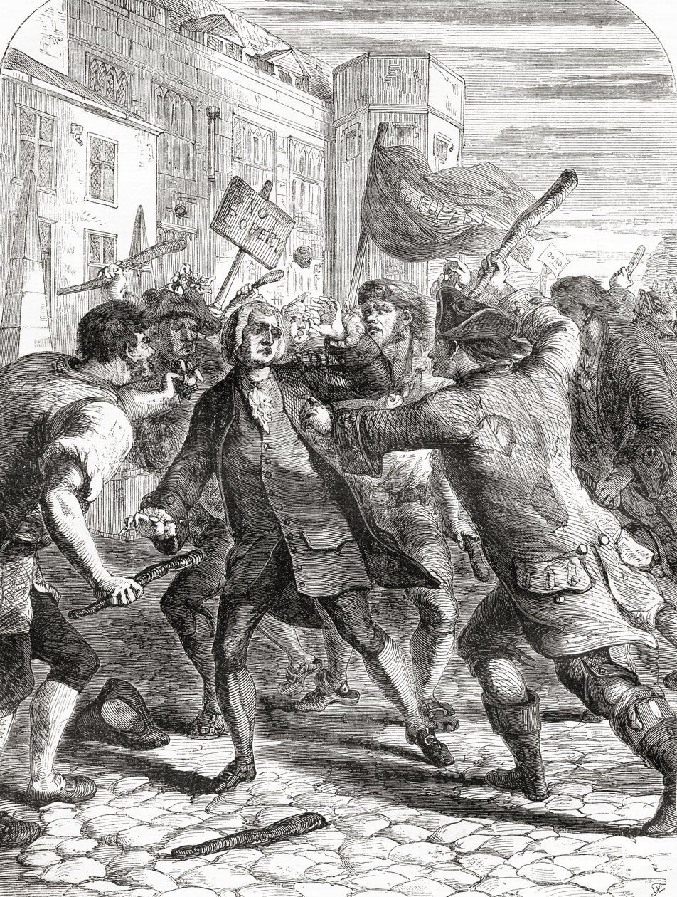 A „No-Popery” lázadók az 1780-as gordoni zavargások idején megtámadták a parlament tagjait a Westminster-i Palace Yardban, Londonban. alkotó: English School