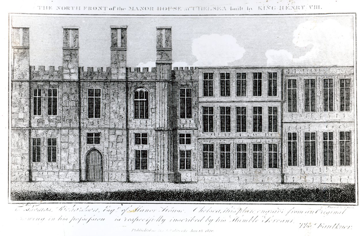 A chelsea-i kastély északi homlokzata, amelyet VIII. Henrik király épített, J. Barlow metszett, illusztráció Thomas Faulkner A Historical and Topographical Account of Chelsea and its Environs című könyvében, alkotó: English School