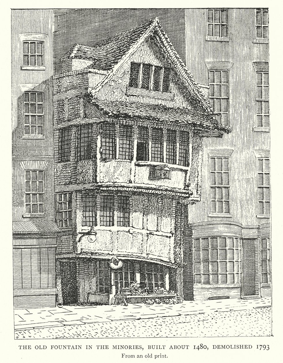 A régi szökőkút a Minoriban, épült 1480 körül, lebontották 1793-ban (metszet) alkotó: English School
