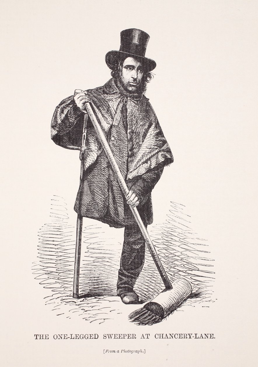 Az egylábú seprőgép a Chancery Lane-nél, fényképről, illusztráció a London Labor and London Poor-ből, Henry Mayhew, pub. 1862 alkotó: English School