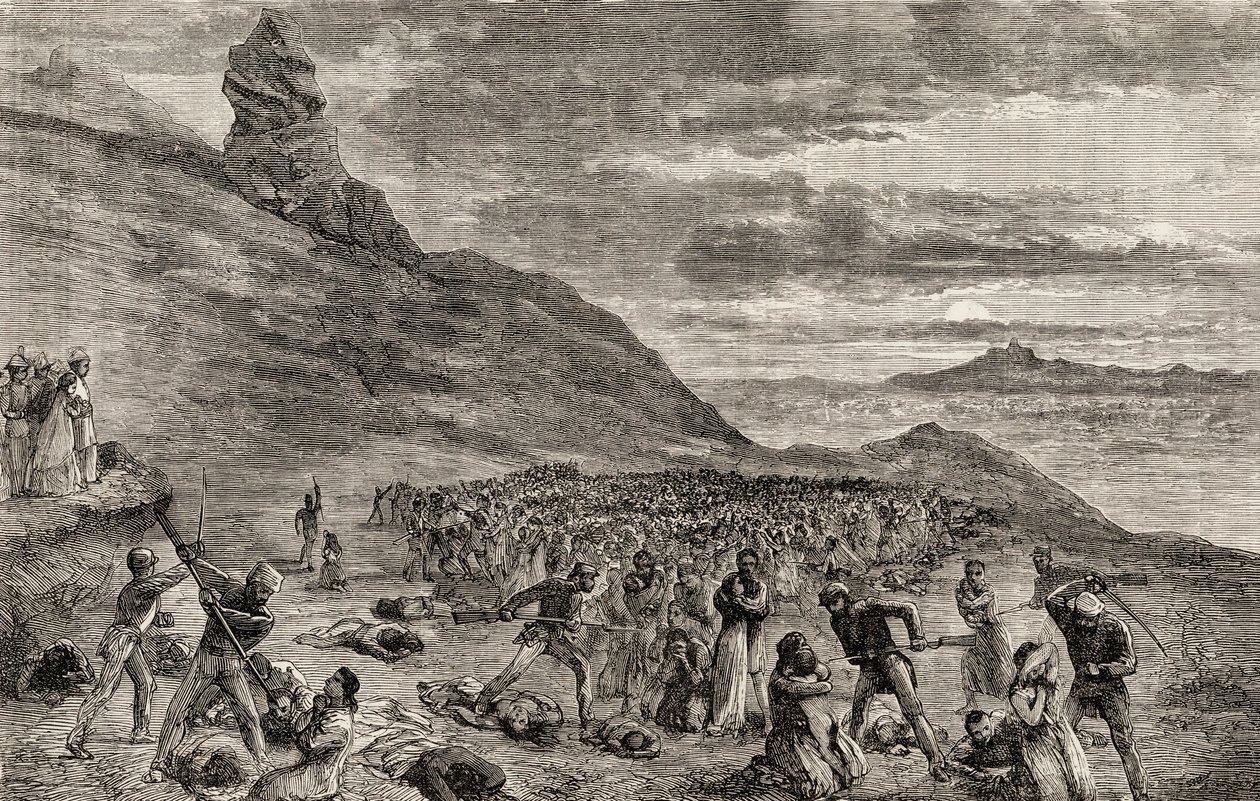 A keresztényüldözés és lemészárlás Madagaszkár szigetén 1849-ben, 1865 körül (fametszet) alkotó: English School