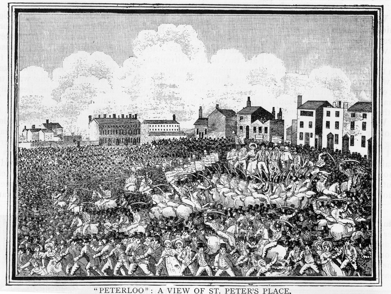A Peterloo-i mészárlás, a St. Peters Place kilátása alkotó: English School