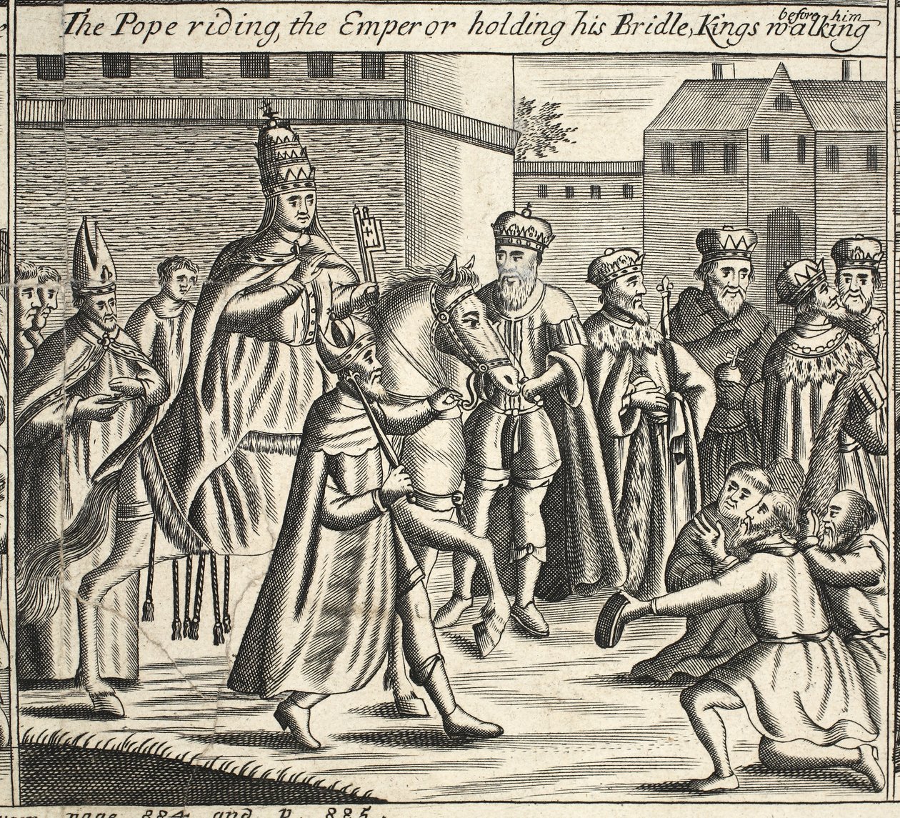 Lovagló pápa, kantárt tartó császár, előtte sétáló királyok, John Foxe illusztrációja a Cselekedetek és emlékművekből, kilencedik kiadás, kocsma. 1684 alkotó: English School