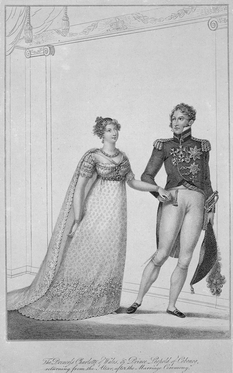 Charlotte walesi hercegnő és Leopold Cobourg herceg visszatér az oltártól a házasságkötési szertartás után, 1816 alkotó: English School