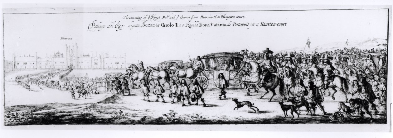 Károly (1630-85) és új királynője, Braganzai Katalin (1638-1705) felvonulása Portsmouthból Hampton Courtba, 1662 alkotó: English School