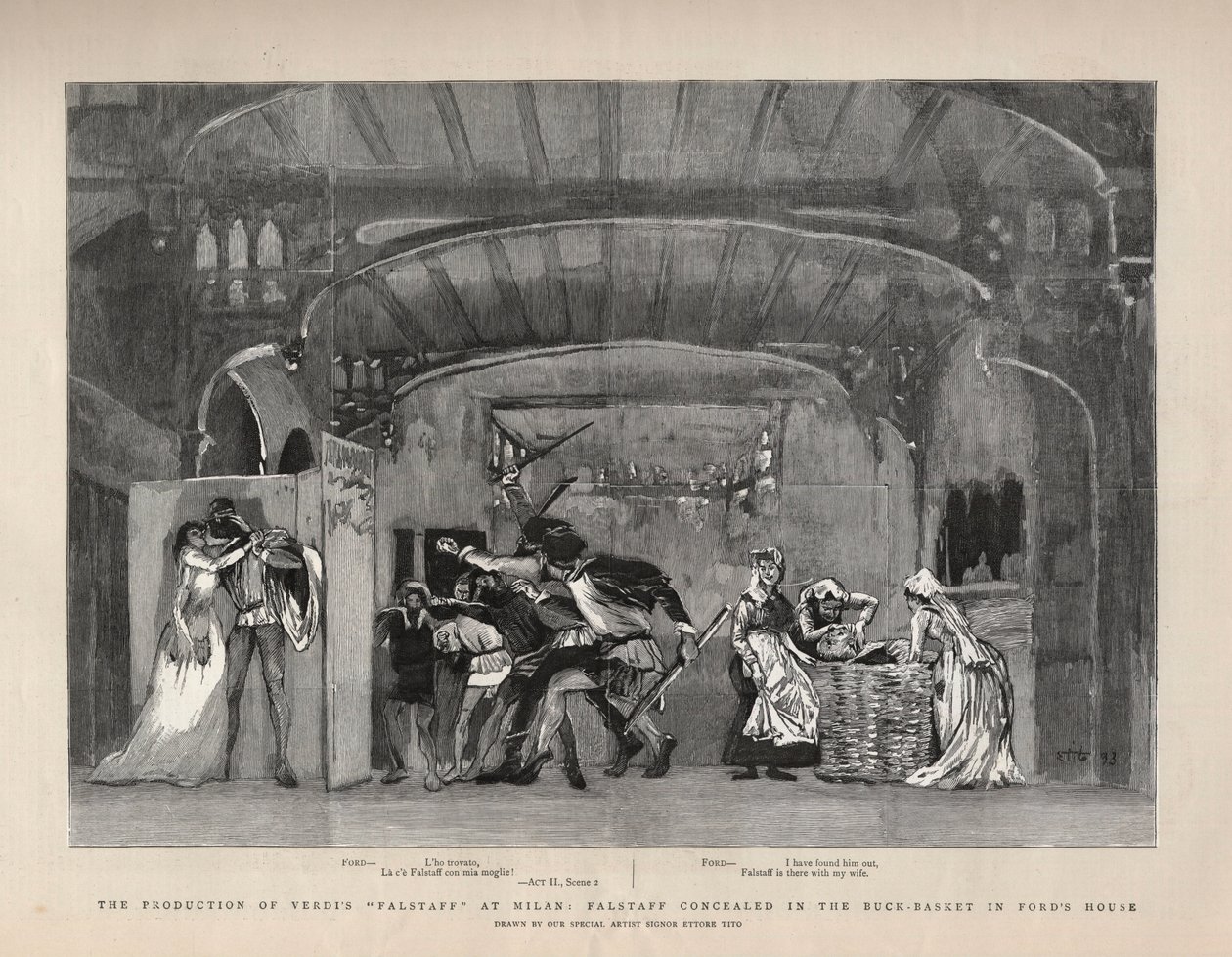 Giuseppe Verdi „Falstaff” című művének gyártása Milánóban, Falstaff a Ford házában található Buck-Basketben volt elrejtve. Illusztráció a grafikához alkotó: English School