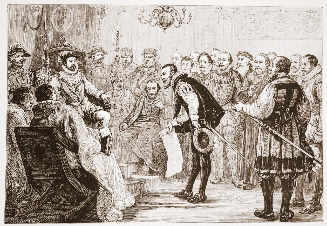 A protestáns hercegek hitvallásukat mutatják be Károlynak, illusztráció: James Aitken Wylie (1808-1890) A protestantizmus története című könyvéből, pub. 1878 alkotó: English School