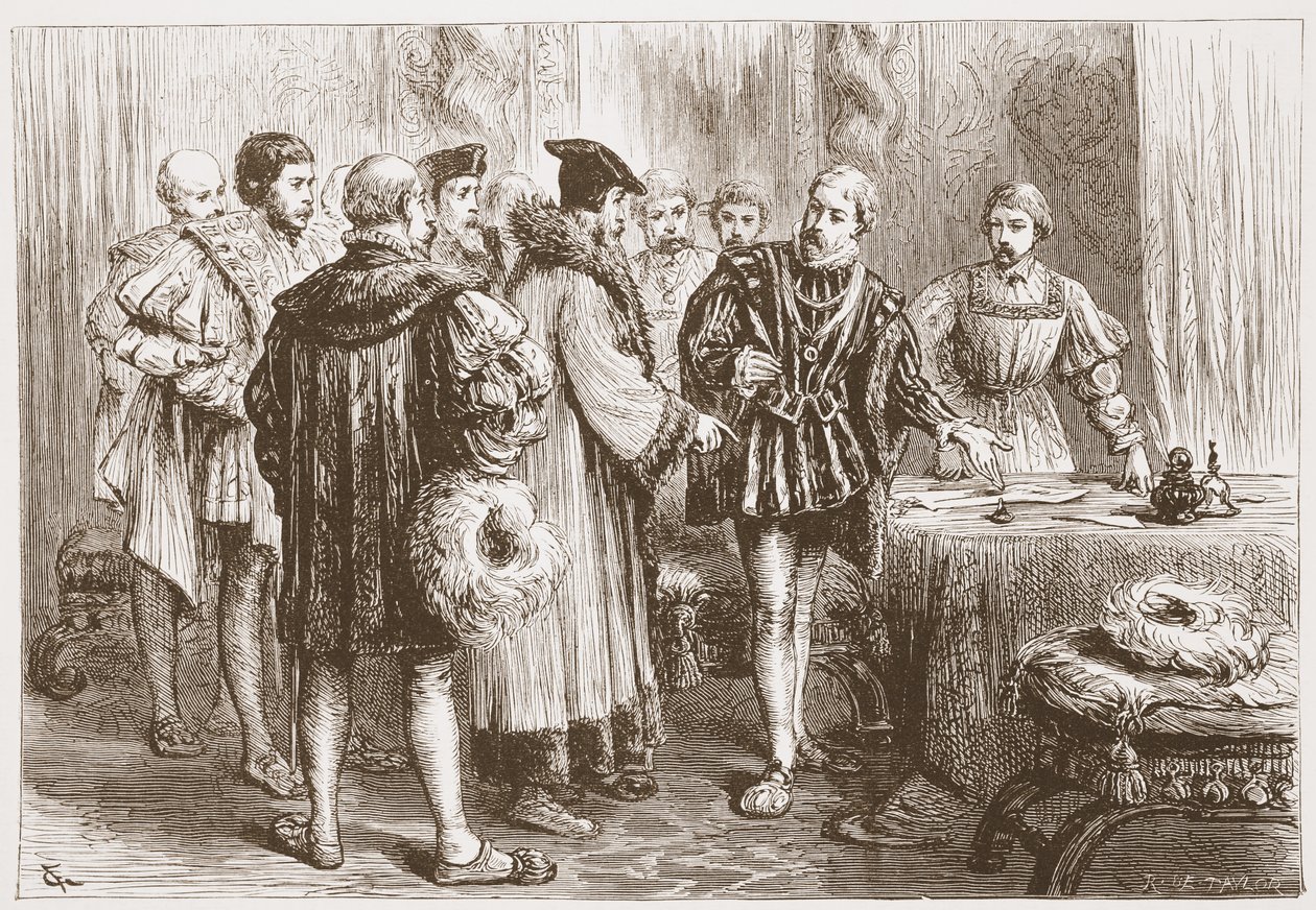 A protestáns hercegek aláíró hitvallásukat, illusztráció: James Aitken Wylie (1808-1890) A protestantizmus története című könyvéből, pub. 1878 alkotó: English School