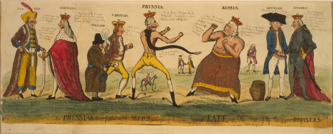 A porosz díjharcos és szövetségesei, akik megpróbálják megszelídíteni a császári Kate-t, vagy az európai bursierek állapotát, 1791 (kézzel színezett rézkarc) alkotó: English School