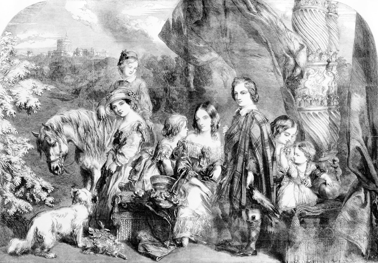 A királynő és gyermekei a Windsor Great Parkban, az Illustrated London News-ból, 1852 alkotó: English School