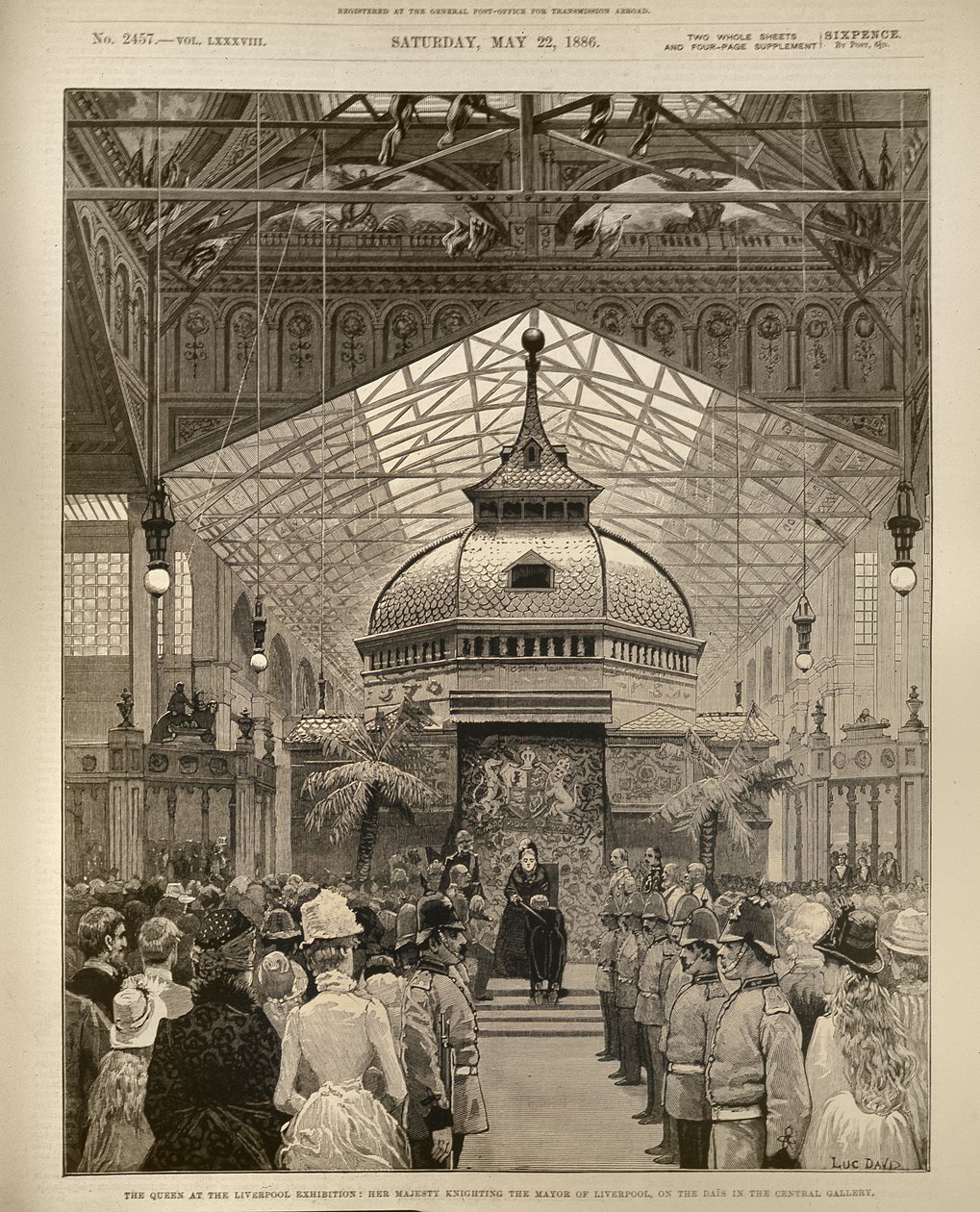 A királynő a liverpooli kiállításon: Őfelsége lovaggá üti Liverpool polgármesterét a Centrál Galériában, a The Illustrated London Newsból, 1886. május 22. alkotó: English School