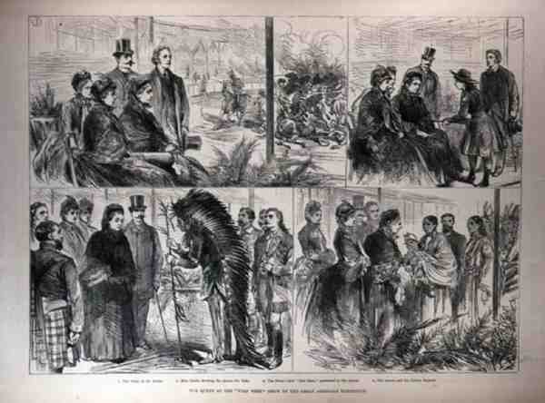 A királynő a Nagy Amerikai Kiállítás vadnyugati bemutatóján, a The Illustrated London News-ból, 1887. május 21. alkotó: English School