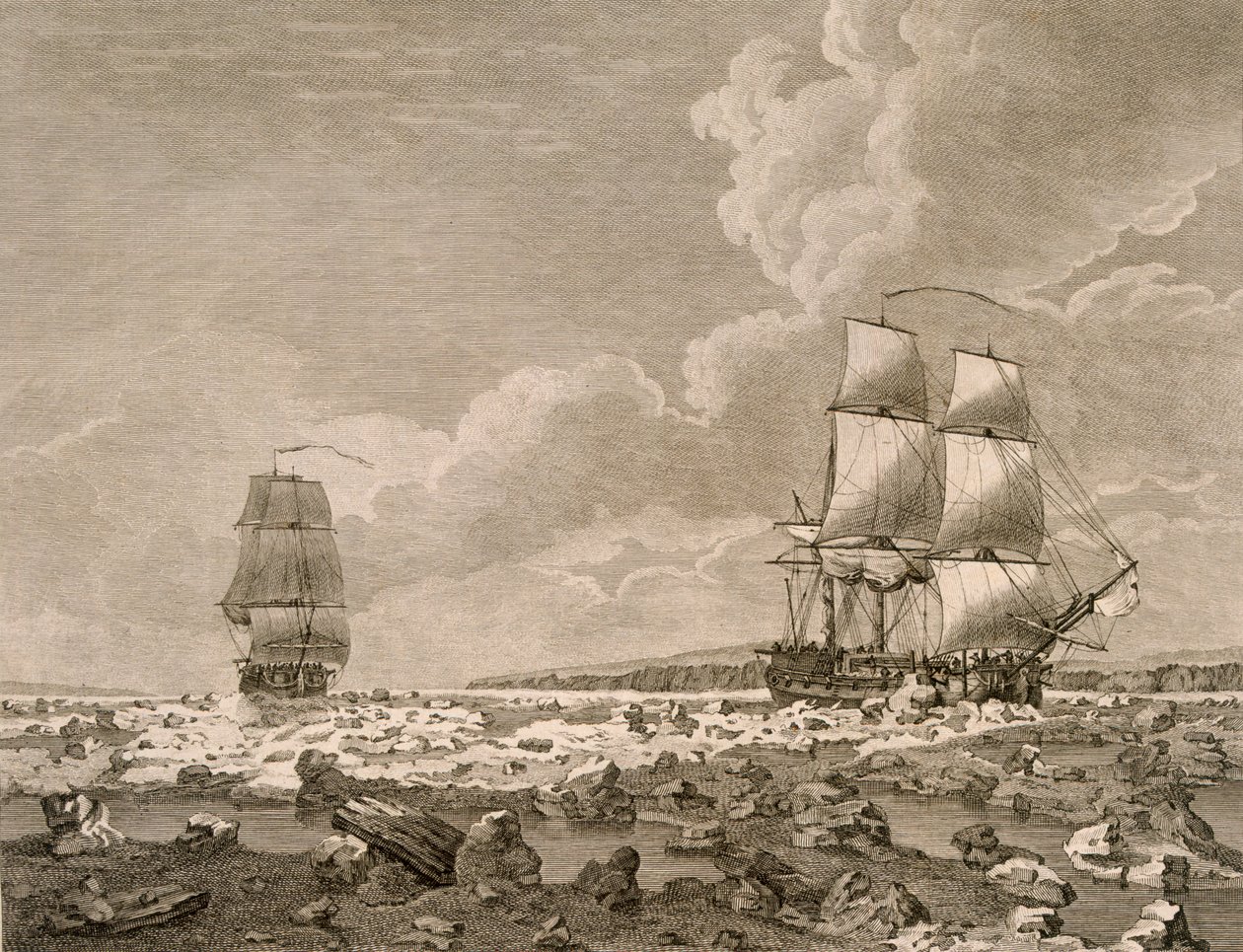 A versenyló és a hasított test áttörése a jégen, 1773. augusztus 10., az Északi-sark felé vezető utazásból, amelyet Őfelségei parancsnoksága 1773-ban vállalt, London 1774. alkotó: English School