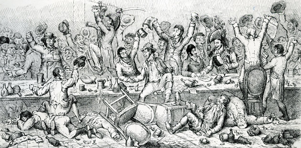 A reformátorok vacsora, az illusztráció a Szatiristból, 1809 alkotó: English School