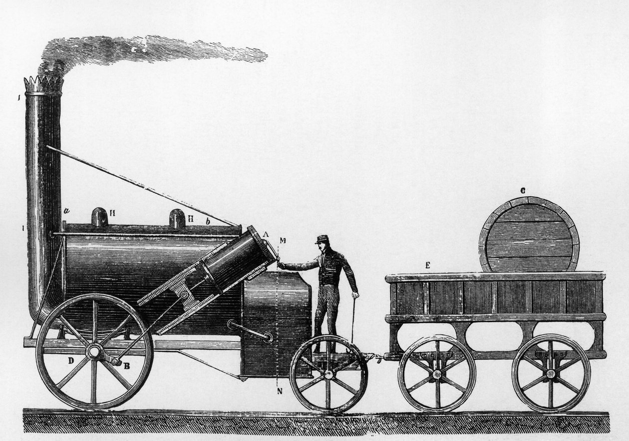 A Rocket, gőzmozdony, amelyet George és Robert Stephenson tervezett és épített 1829-ben a Liverpool-Manchester vasút számára (metszet) alkotó: English School