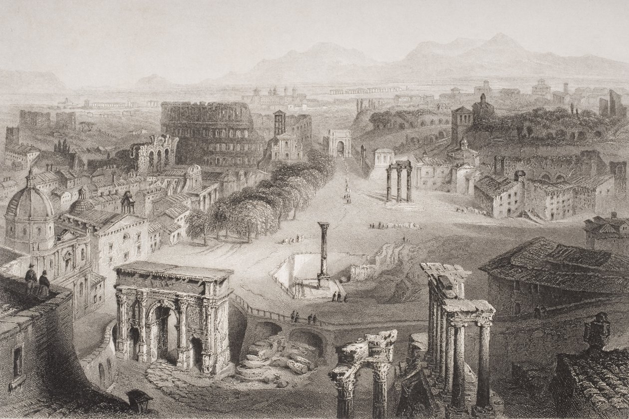 A római fórum a Capitolium-dombról, Rómából, metszett A. Willmore alkotó: English School