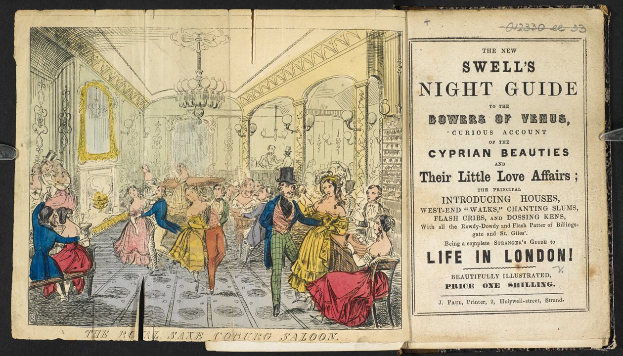 "The Royal Saxe Coburg Saloon". Egy csoport táncoló, evő és ivó ember: "Az új dagadás éjszakai kalauza a Vénusz völgyében... Teljes idegenek útmutatója a londoni élethez!" alkotó: English School
