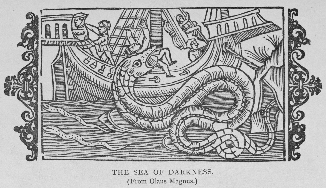 A Sötétség tengere, Olaus Magnus (1490-1557) könyvéből, „Amerika narratív és kritikai története”, pub. 1889-ben alkotó: English School
