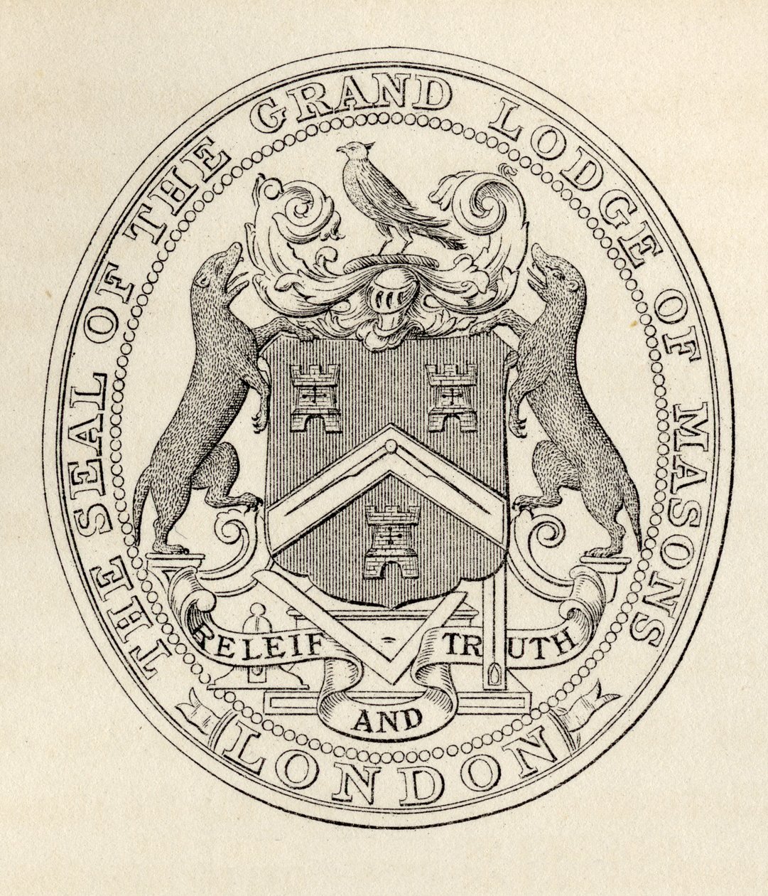 A londoni szabadkőművesek nagypáholyának pecsétje, 1813 előtt, a „The History of Freemasonry, II. kötetből”, Thomas C. Jack, London, 1883 alkotó: English School