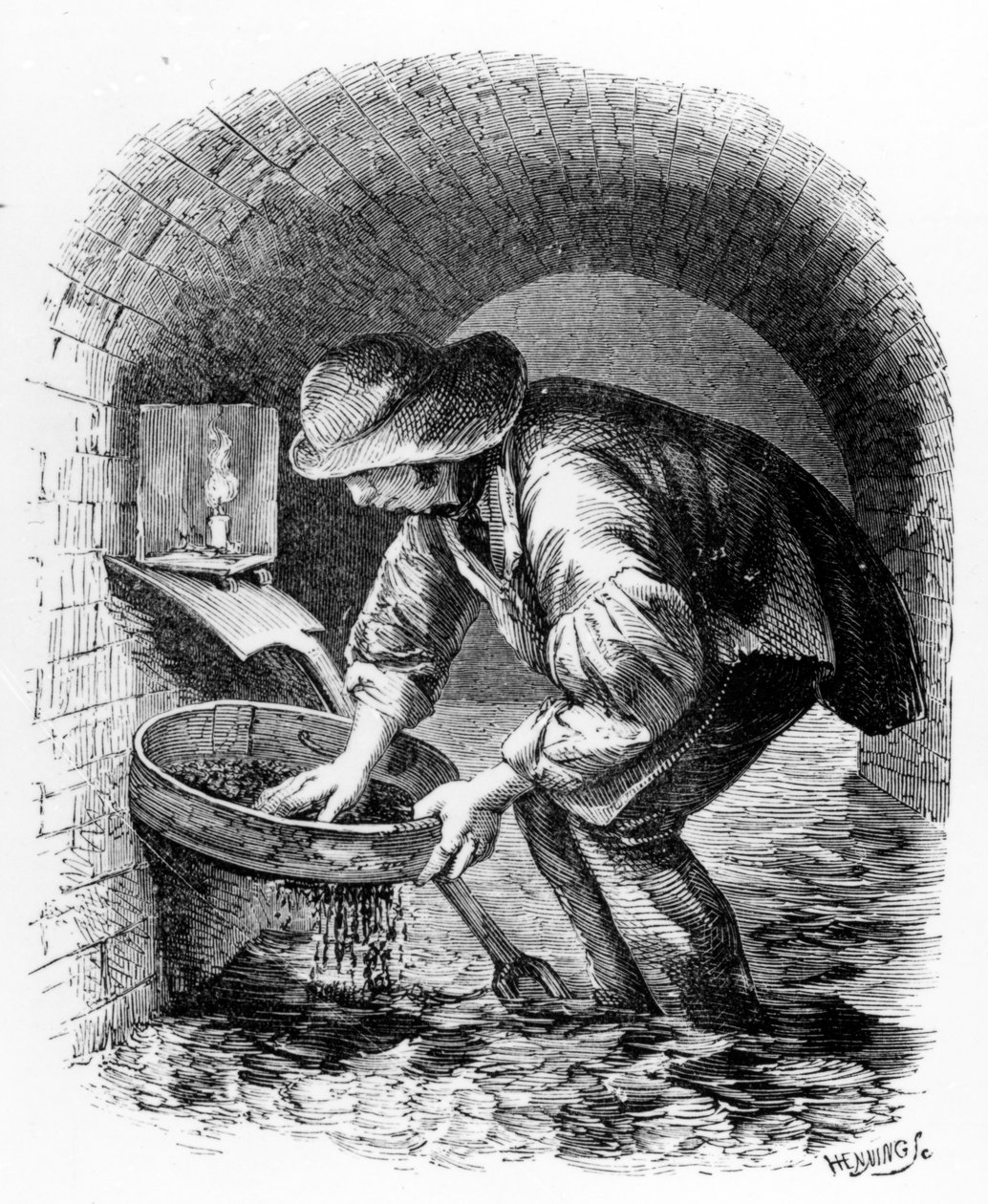 A csatornavadász, illusztráció Henry Mayhew „Londoni munkásság és a londoni szegények” című művéből, 1840 körül alkotó: English School