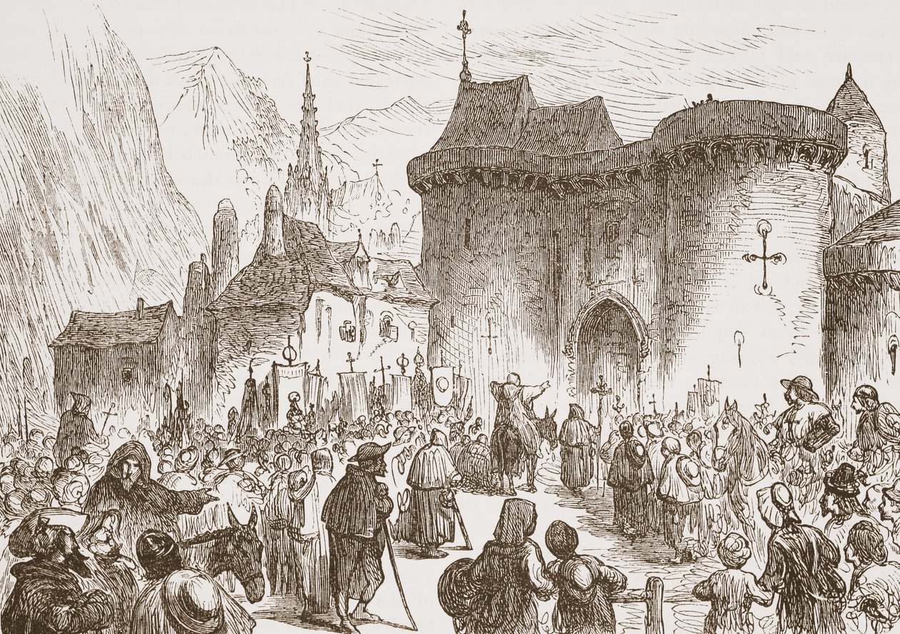 A színlelt zarándokok Genf kapujában, illusztráció: James Aitken Wylie (1808-1890) A protestantizmus története című könyvéből, pub. 1878 alkotó: English School