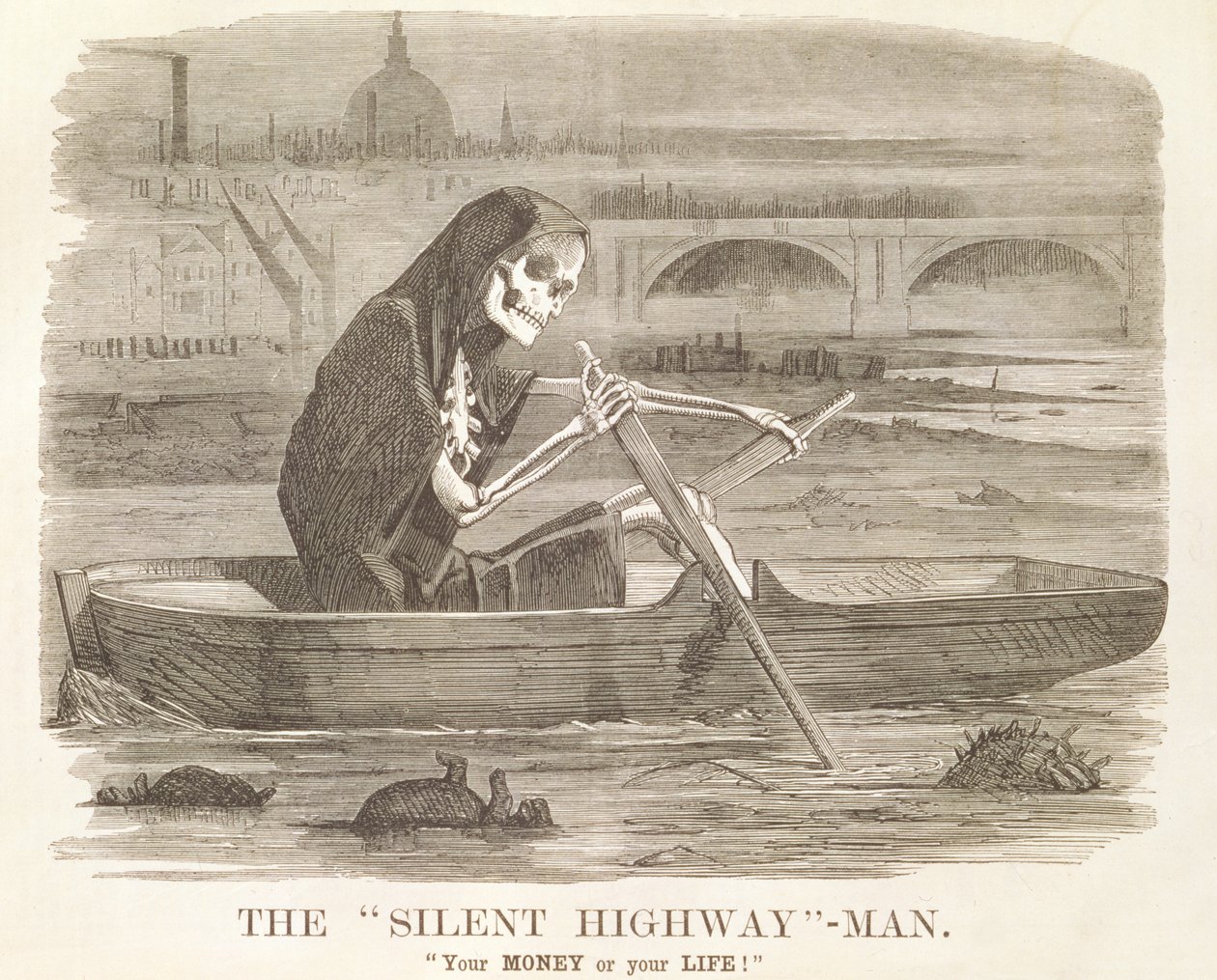 A "Silent Highway" - Man, "A PÉNZED vagy az ÉLETED" rajzfilm a "Punch, or the London Charivari"-ból, 1858. július 10. alkotó: English School