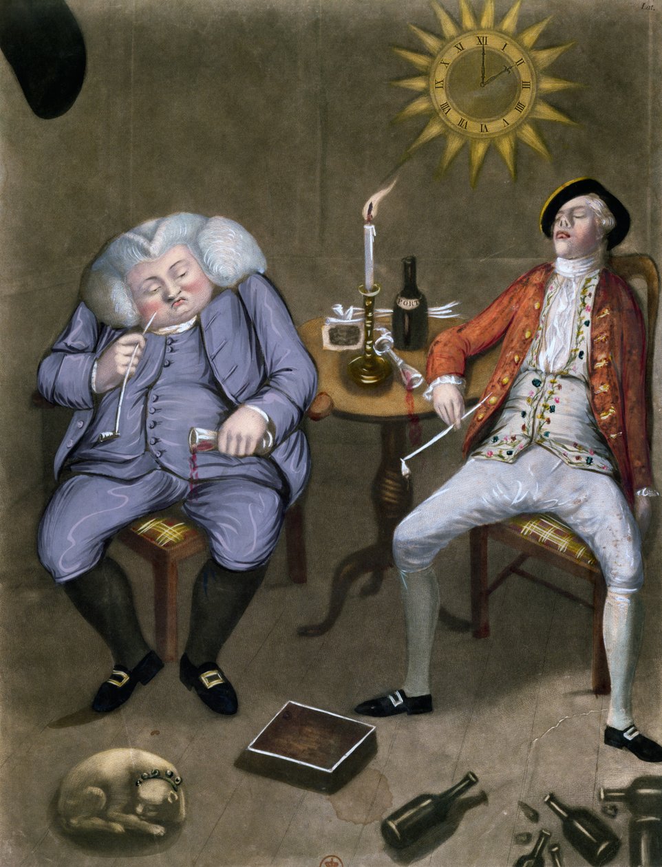 The Solid Enjoyment of Bottle and Friend, 1774 (színes litó, gouache-val kiemelve) alkotó: English School