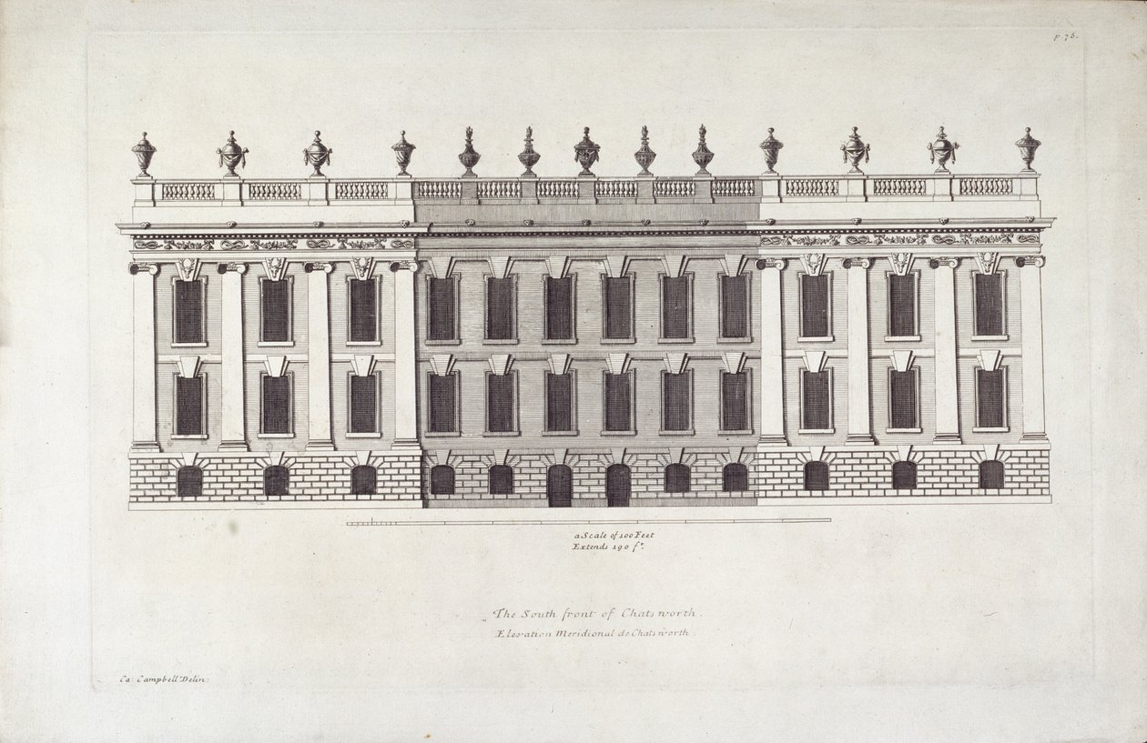 „Chatsworth déli frontja”, illusztráció a „Vitruvius Britannicus vagy A brit építész” című művéből, Colen Campbell (metszet) alkotó: English School