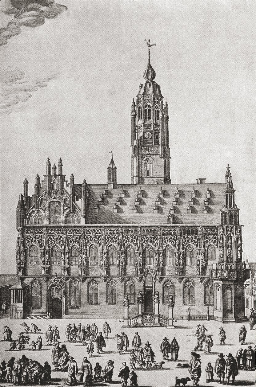 A middelburgi Stadhuis, ahogy a 16. században volt, J. R. Green „Az angol nép rövid története” című művéből, amelyet 1893-ban adtak ki. alkotó: English School