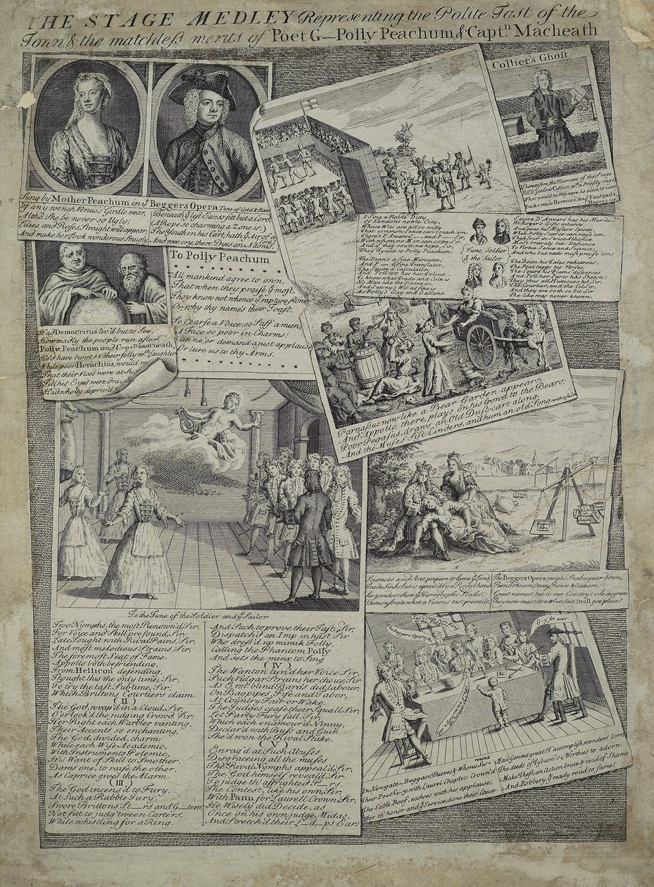 A Stage Medley a város udvarias ízlését és G. költő, Polly Peachum és Macheath kapitány páratlan érdemeit képviseli, 1728 körül alkotó: English School