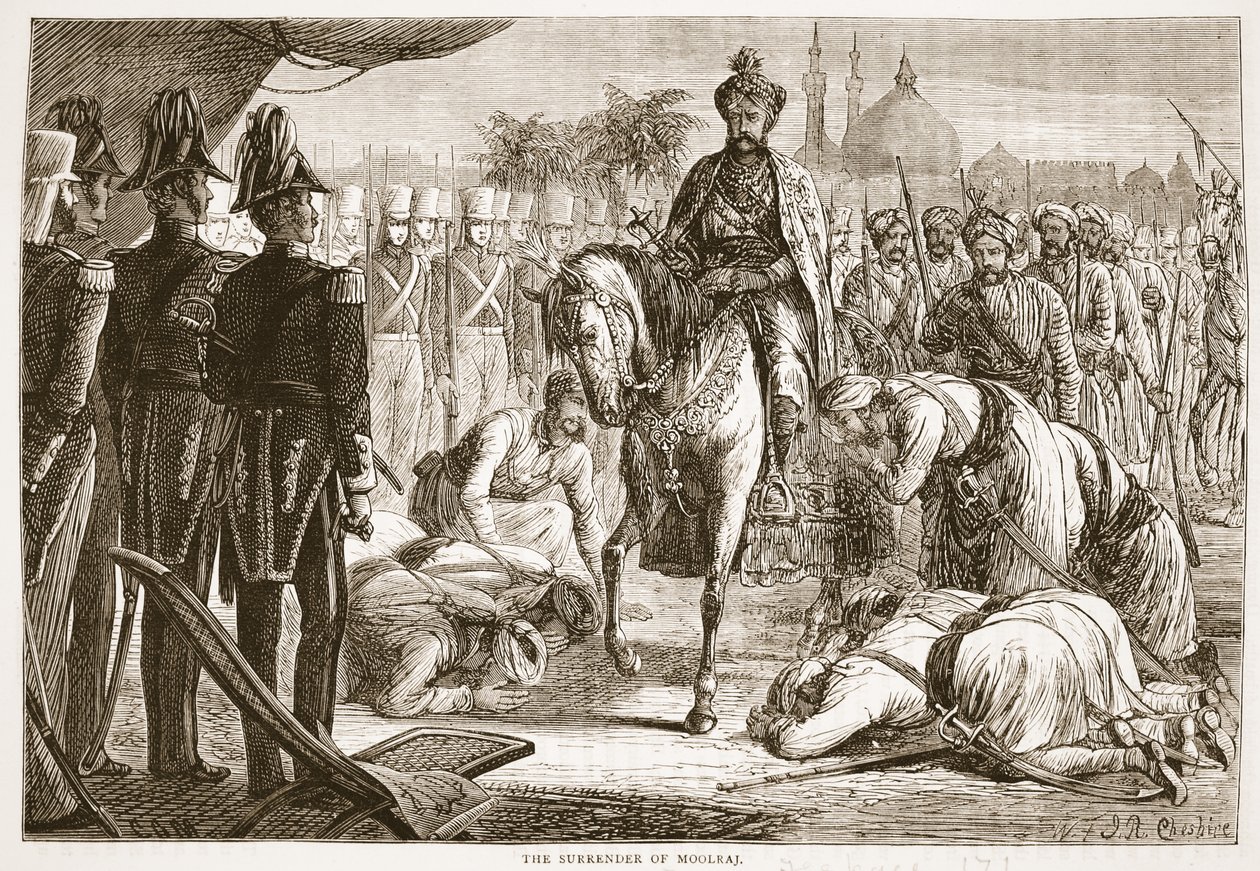 Moolraj megadása, illusztráció a Cassells Illustrated History of England-ből alkotó: English School