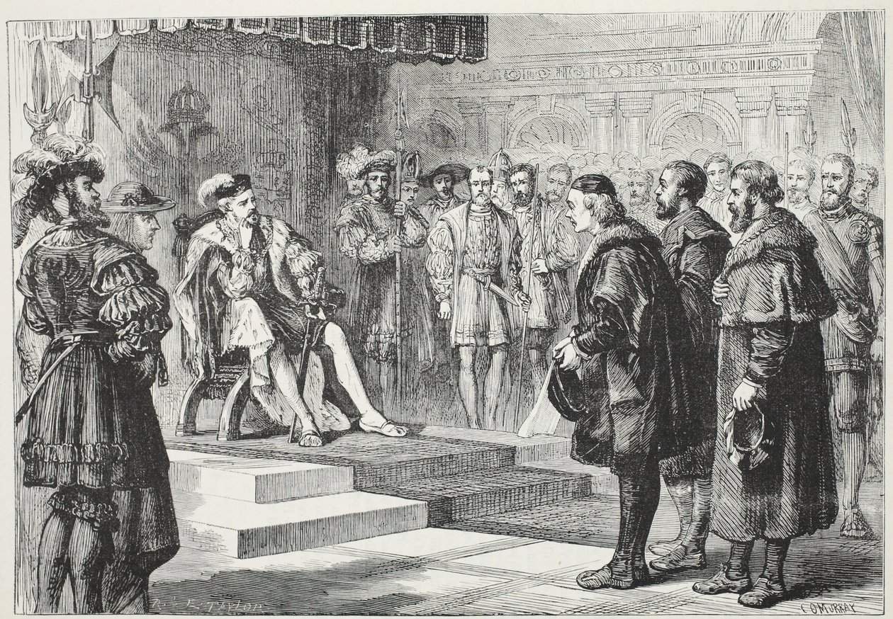 A három protestáns nagykövet Károly császár előtt, illusztráció: James Aitken Wylie (1808-1890) A protestantizmus története című könyvéből, pub. 1878 alkotó: English School