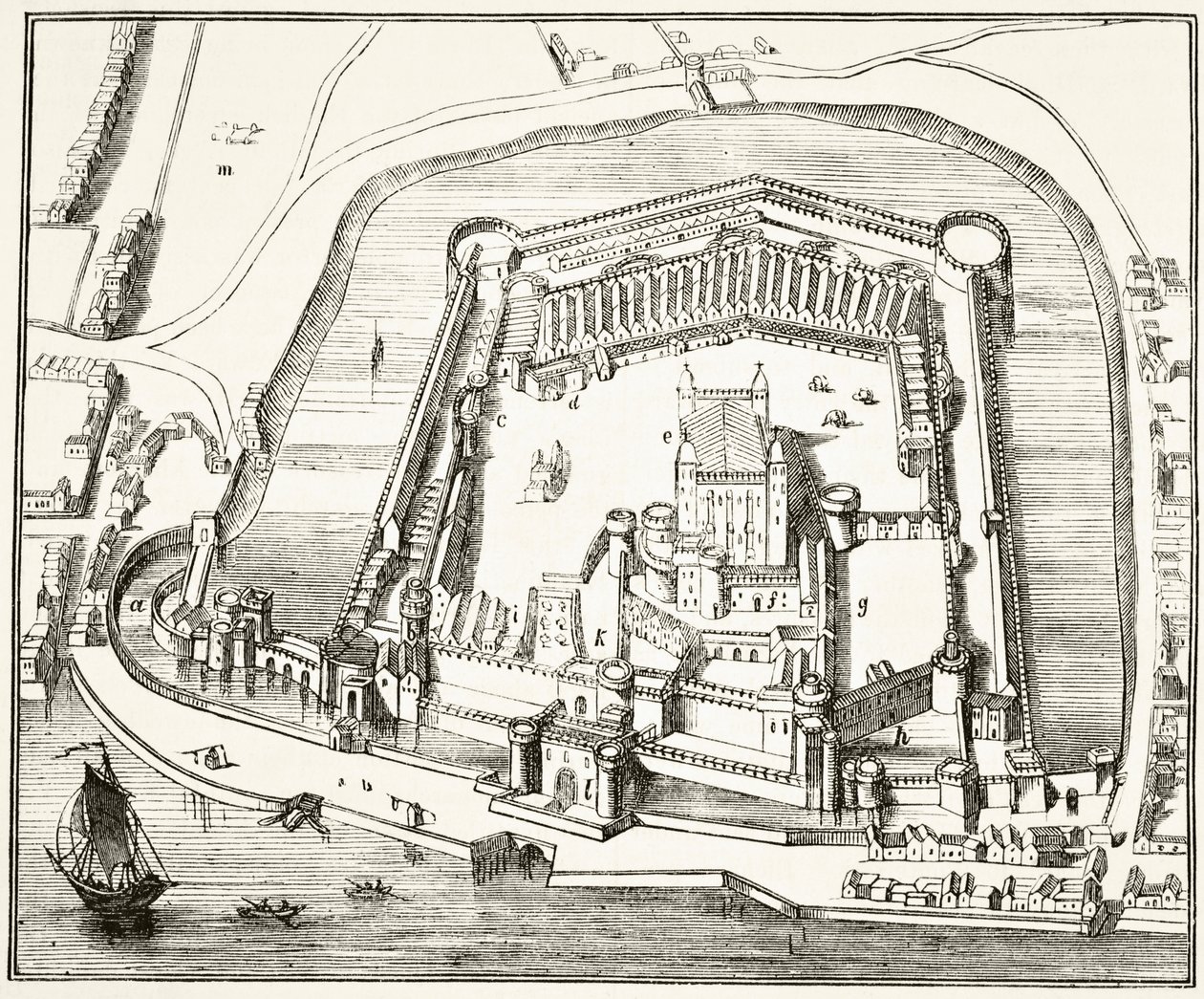 A londoni Tower a 15. században William Hickman Smith Aubrey (1858-1916) „Anglia nemzeti és hazai története” című könyvéből, London, 1890 körül. alkotó: English School