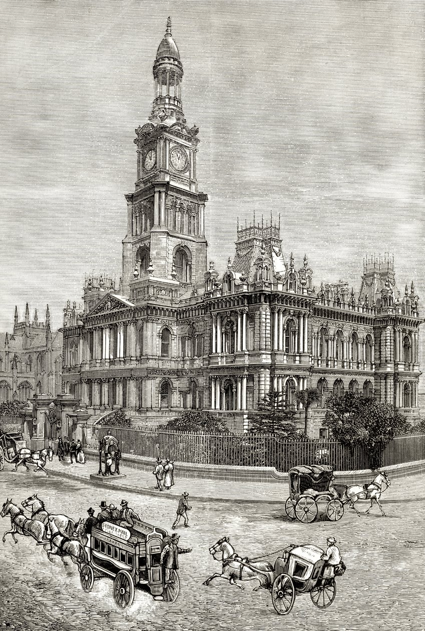 The Town Hall, Sydney, 1880 körül, Howard Willoughby „Australian Pictures” című művéből, a Religious Tract Society, London, 1886 alkotó: English School
